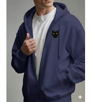 Erkek Siyah Kedi Baskılı Oversize Fermuarlı Hoodie (Lacivert)