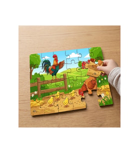 Bahçede Horoz ve Tavuk Tasarımlı 24 Parça Ahşap Çocuk Puzzle