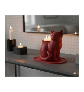 Ev , Ofis , Masaüstü İçin Led Mumlu 14 x 12 Cm Kırmızı Mozaik Kedi Biblo 14 x 12 Cm ( Led Mum Hediyemizdir. )