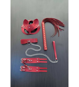 Giyim Kırmızı Fantezi Set, Kırbaç - Kelepçe - Tasma - Maske Takım - Brf1246