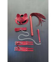 Giyim Kırmızı Fantezi Set, Kırbaç - Kelepçe - Tasma - Maske Takım - Brf1246