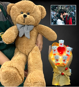 Kişiye Özel Led Işıklı Fotoğraflı Ayıcık Buketi ve Büyük Boy 80cm Kahverengi Peluş Ayıcık (Model 1)