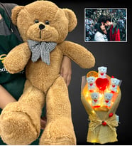 Kişiye Özel Led Işıklı Fotoğraflı Ayıcık Buketi ve Büyük Boy 80cm Kahverengi Peluş Ayıcık (Model 1)