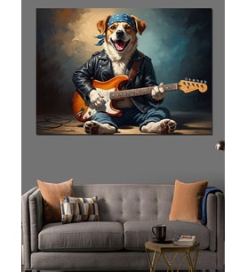 Gitar Çalan Gözlüklü Cool Köpek Dekoratif Kanvas - Mdf Ahşap Tablo