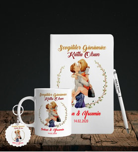 Sevgililer Gününe Özel Defter Kalem Kupa & Süblimasyon Anahtarlık Hediye Seti 25
