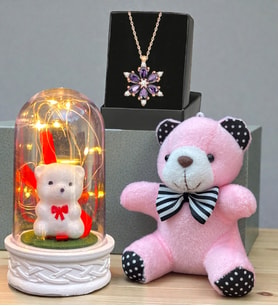 Gerçek Ametist Taşlı Lotus Kolye, Peluş Anahtarlık ve Led Işıklı Fanus Premium Hediye Seti (Model 5)