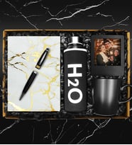 Özel Kılıflı Cam Şişe Matara & Mermer Desen Beyaz Defter & 32 Gb Usb Kalem & Fotoğraf Çerçevesi & Siyah Kupa Hediye Seti
