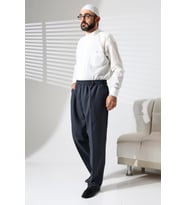 Erkek Beli Lastikli Cepli Kışlık Yün Efektli Kumaş Şalvar Pantolon - Koyu Gri (İSR) (Mavi)
