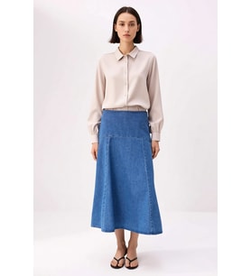 Kadın A-Line Midi Denim Etek Dikiş Detaylı %100 Pamuk Dökümlü Kesim Rahat Günlük Modern Şık Konforlu