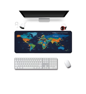 SonicTouch Klavye Mousepad 40x90cm Pürüzsüz Sıvı Geçirmez Kaymaz Taban Renkli Dünya Haritası
