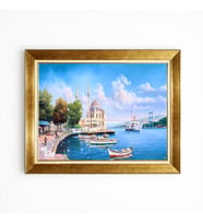 Tablore Ortaköy Camii Ve İstanbul Boğazı Manzaralı Tablo Gold Çerçeveli Salon Duvar Dekoru Kanvas