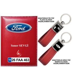 Plakanıza Özel Ford Logolu Kırmızı Ruhsat Kabı ve Anahtarlık