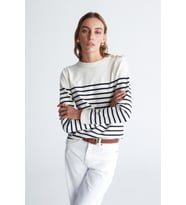 Styleboom X Peraluna AUDREY PULLOVER Omzu Düğmeli Çizgili Organik Pamuk Mevsimlik Kadın Triko Kazak - Ekru/Lacivert