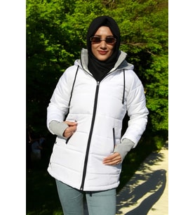 Kışlık Eldiven Detaylı Su Geçirmez Kadın Şişme Mont (Beyaz)