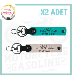 Pudra-K Turkuaz, Motora Uygun, İsim Plaka ve 0 Rh (+) Kan Grubu Yazılı Kişiye Özel 2'li Anahtarlık