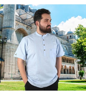 Hac ve Umre İçin Gömlek Kısa Kollu Mavi Hakim Yaka Keten Görünümlü Terletmeyen % 100 Pamuk Yazlık