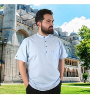 Hac ve Umre İçin Gömlek Kısa Kollu Mavi Hakim Yaka Keten Görünümlü Terletmeyen % 100 Pamuk Yazlık