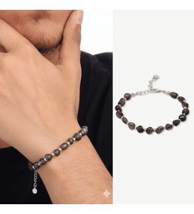 Gümüş Renk Metal Zincirli Dorika Top Süslemeli Amorf Dumanlı Kuvars Doğaltaş Erkek Bileklik