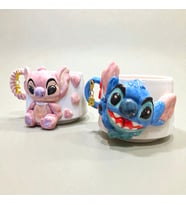 3D Kabartmalı HEDİYE Harf Charmlı El Yapımı Kişiselleştirilebilir LİLO ve STİTCH  Seramik Kupa (Pembe-Mavi)