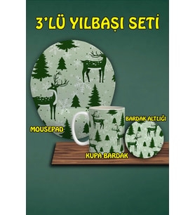 Yılbaşı Temalı 3'lü Bilek Destekli Mousepad Kupa Ve Bardak Altlığı Seti