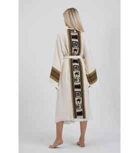 Müslin Kimono %100 Pamuklu Camel Deve Desenli Bornoz Kaftan Sabahlık (Ekru)