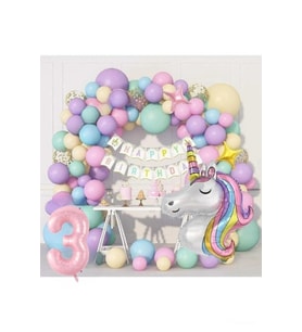 Kız Çocuklar Için 3 Yaş Unicorn Lüks Doğum Günü Parti Seti Süsü