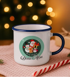 BK Gift Kişiye Özel İsimli Yılbaşı Tasarımlı Lacivert Emaye Kupa Bardak -2, Arkadaşa Hediye, Yeni Yıl Hediyesi