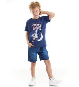 Space Erkek Çocuk T-shirt Denim Şort Takım (Lacivert)