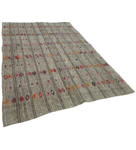 Gri Kilim Turuncu Geometrik Motifli El Dokuma Yün Pamuk Karışımlı Salon Kilimi Etnik Dekoratif