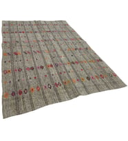 Gri Kilim Turuncu Geometrik Motifli El Dokuma Yün Pamuk Karışımlı Salon Kilimi Etnik Dekoratif