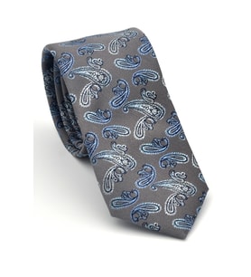 Mavi Şal Desenli Gri Dokuma Kumaş Mendilli Slim Fit Kravat // SDK-2507-4