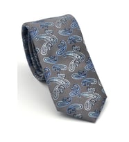Mavi Şal Desenli Gri Dokuma Kumaş Mendilli Slim Fit Kravat // SDK-2507-4