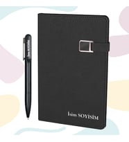 Kişiye Özel LED Işıklı Kalem & Metal Detaylı Defter Hediye Seti (Siyah)