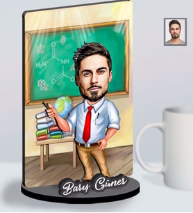 Kişiye Özel Öğretmen Karikatürlü Üç Katmanlı Ahşap Biblo Bay-16