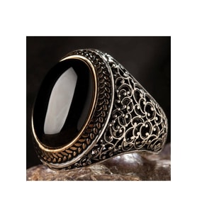 Oval Siyah Oniks Taşlı Simetrik Desen Gümüş Erkek Yüzük