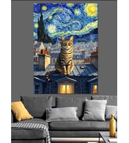 Van Gogh Tarzı Kedi Dekoratif Kanvas - Mdf Ahşap Tablo