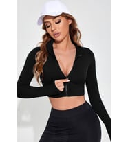 Kadın Siyah Uzun Kol Fermuarlı Parmak Geçme Detaylı Dik Yaka Crop Top Bluz