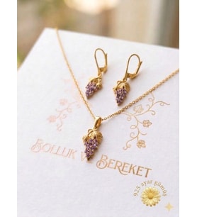 925 Ayar Papatya Silver Taşlı Üzüm Kolye Küpe Set.rose.gold.rodaj