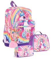 Kaukko Kids Dört Bölmeli Okul Çantası + Beslenme +Kalemlik Seti (Unicorn - Kız Çocuk - Pembe Mor)