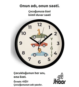 İsme Özel Sevimli Arabalı Hayvanlar Çocuk Odası Duvar Saati Orta Boy 30 cm Siyah Camlı Sessiz