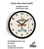 İsme Özel Sevimli Arabalı Hayvanlar Çocuk Odası Duvar Saati Orta Boy 30 cm Siyah Camlı Sessiz