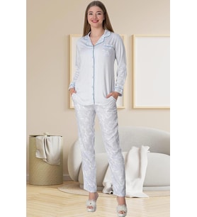 Mecit 5143 Bayan Mavi Boydan Düğmeli Uzun Kollu Pijama Takımı