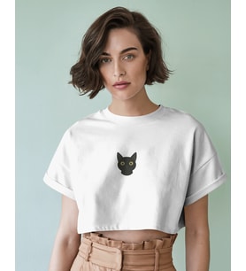 Minimal Siyah Kedi Baskılı Beyaz Crop Tişört Kadın Rahat Kalıp