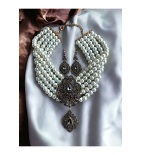 Black Diamond Zirkon Taşlı İnci Kolye ve Küpe Seti