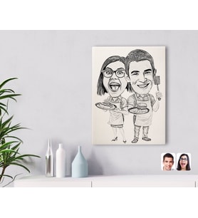 BK Gift Kişiye Özel Karakalem Aşçı Çift Karikatürlü Kanvas Tablo-1