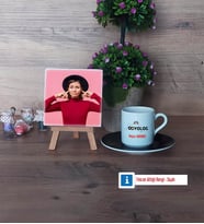 Odyolog Fotoğraflı Dekoratif Taş, Ahşap Altlıklı Türk Kahvesi Fincanı Hediye (Model 7)