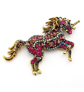 Renkli Pembe Taşlı Büyük Unicorn Tek Boynuzlu At Broş RZ202