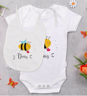 BK Kids Kişiye Özel İsimli Bebek Body Zıbın ve Mama Önlüğü Hediye Seti - Model 32
