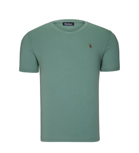 T8568 DEWBERRY V YAKA ERKEK T-SHIRT-DÜZ YEŞİL (Karışık)