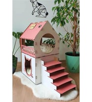 Dekoratif Ahşap Kedi Evi Teraslı 2 Katlı Merdivenli Kedi Evi Pembe - Beyaz (Siyah - Kahverengi)